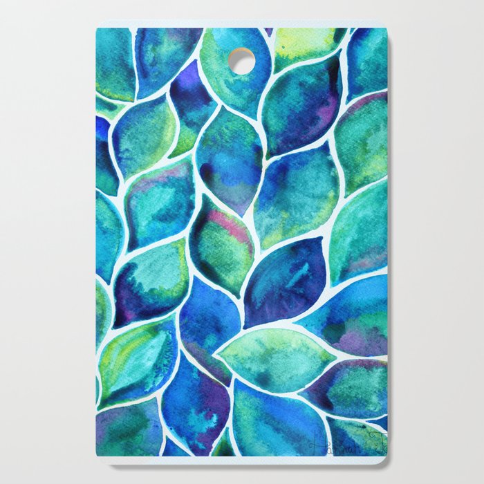 Blue-green Watercolor Leaves Cutting Board
