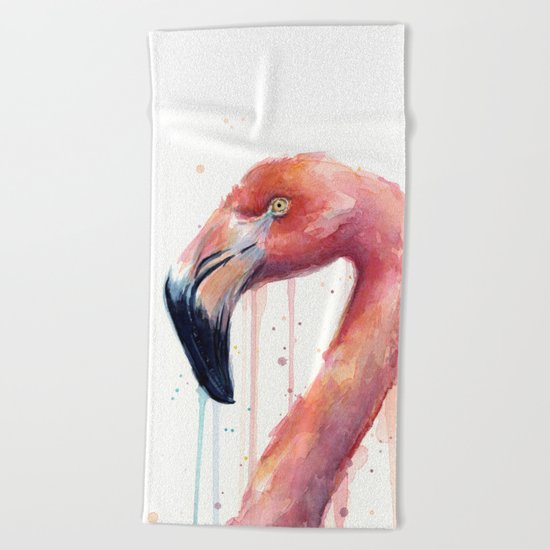 Flamingo Art Watercolor Beach Towel
