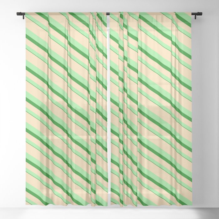 Tan, Light Green, and Green Colored Lined/Striped Pattern Sheer Curtain