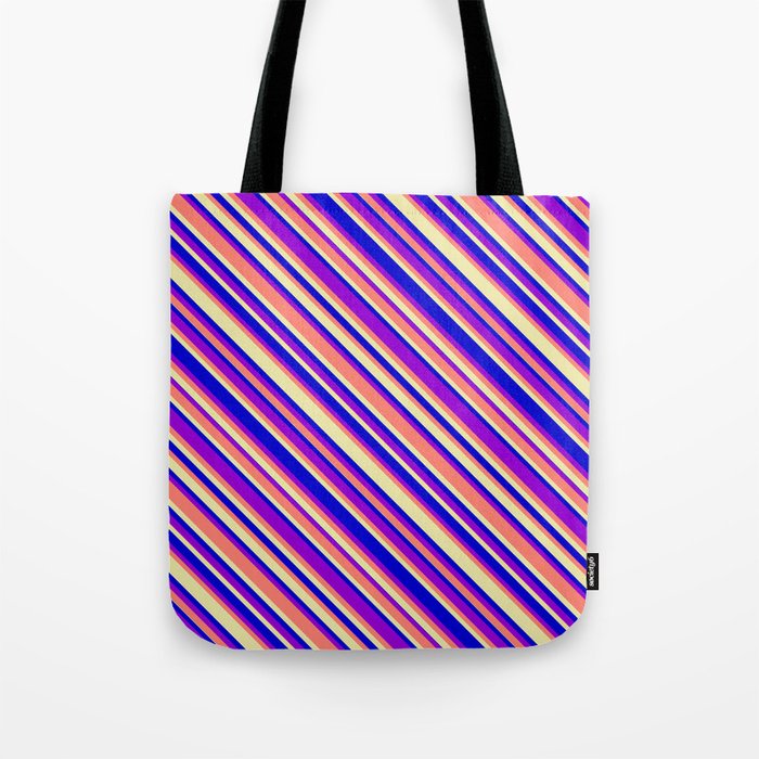Blue, Dark Violet, Salmon & Pale Goldenrod Colored Lined Pattern Tote Bag
