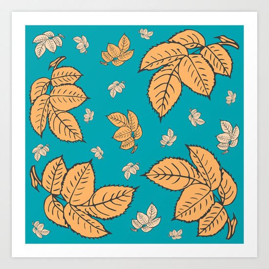 HAPPY LEAVES ON TURQUOISE (abstract tropical flowers) Art Print