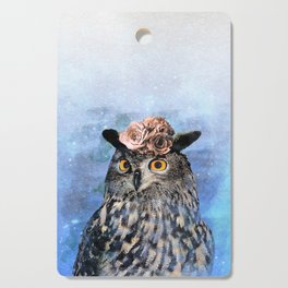 Painting of cute owl with flowers on his head (blue background) - nature Cutting Board