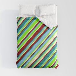 [ Thumbnail: Light Sky Blue, Green, Light Yellow, Dark Red, and Teal Colored Lined/Striped Pattern Comforter ]