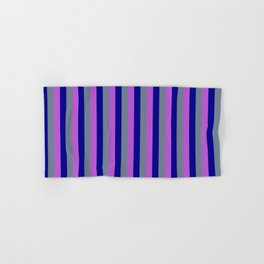[ Thumbnail: Orchid, Slate Gray, and Dark Blue Colored Lined/Striped Pattern Hand & Bath Towel ]