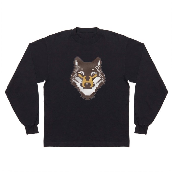 Fair isle knitting grey wolf // oak and taupe brown wolves yellow moons and pine trees Long Sleeve T Shirt