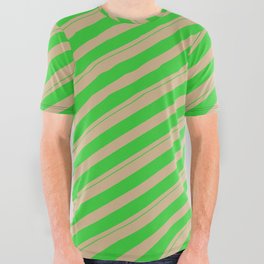 [ Thumbnail: Tan and Lime Green Colored Lines/Stripes Pattern All Over Graphic Tee ]