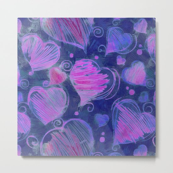 Deep pink and blue hand drawn hearts pattern Metal Print