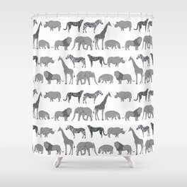 Safari animals minimal grey and white zebra giraffe cheetah hippo rhino nursery Shower Curtain