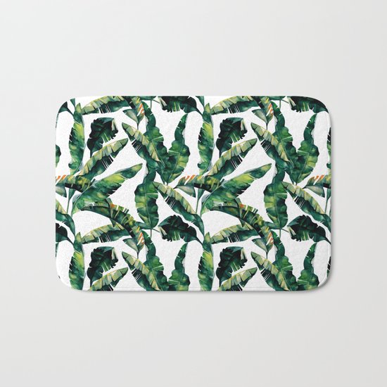 Banana Leaves Green on White Bath Mat
