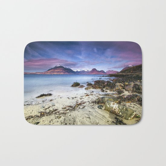 Beach Scene - Mountains, Water, Waves, Rocks - Isle of Skye, UK Bath Mat