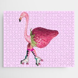 pink flamingo retro media art skate and strawberry Jigsaw Puzzle