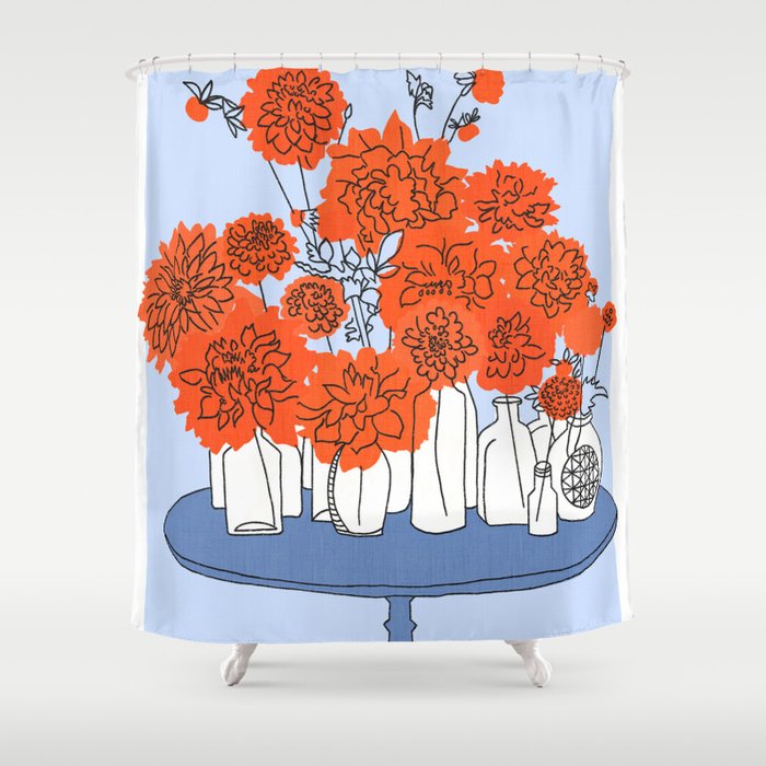 Mid-Century Modern Flowers Red White and Blue Shower Curtain
