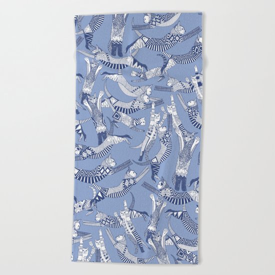 cat party blue Beach Towel