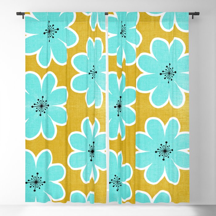 Big Blue And Yellow Floral Print  Blackout Curtain