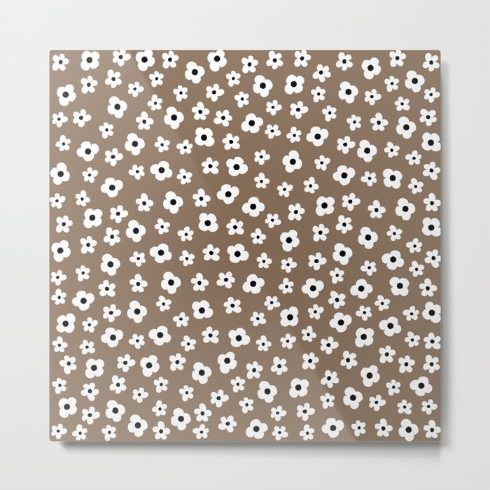 Coffee Brown White Flower Pattern Metal Print