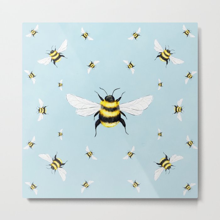 Bees Illustration // Blue Background Metal Print