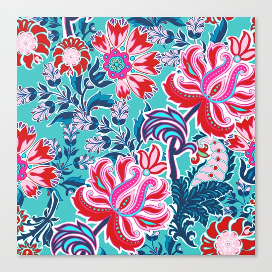 Bohemian Floral Paisley in Turquoise, Red and Pink Canvas Print