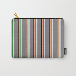 [ Thumbnail: Light Salmon, Black, Grey, Lavender, and Forest Green Colored Stripes Pattern Carry-All Pouch ]