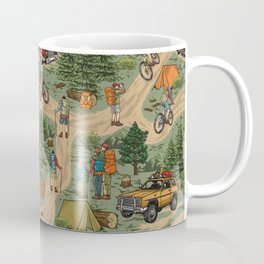 Outdoor recreation vintage seamless pattern with hikers bicycle travelers motorhome travel car tents forest tree stumps backpacks vintage illustration Coffee Mug