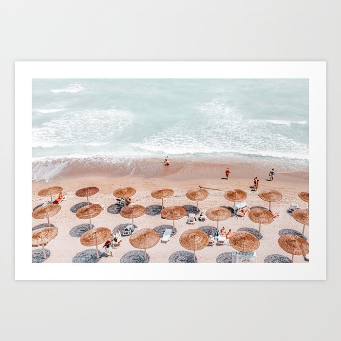 Aerial Beach Umbrellas Art Print, Sea Summer Vibes Print, Portugal Beach, People Summer Holiday Art Print