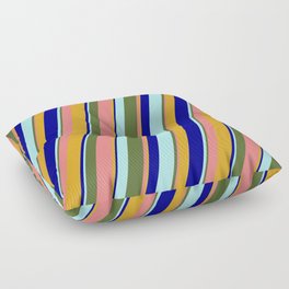 [ Thumbnail: Colorful Dark Olive Green, Light Coral, Goldenrod, Dark Blue, and Turquoise Colored Lined Pattern Floor Pillow ]