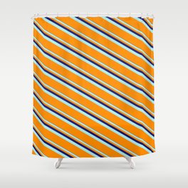 [ Thumbnail: Midnight Blue, Turquoise, and Dark Orange Colored Lines/Stripes Pattern Shower Curtain ]