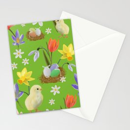 Colorful pattern with easter chicks, easter nests, tulips, daffodils, crocuses, wood anemones Stationery Card
