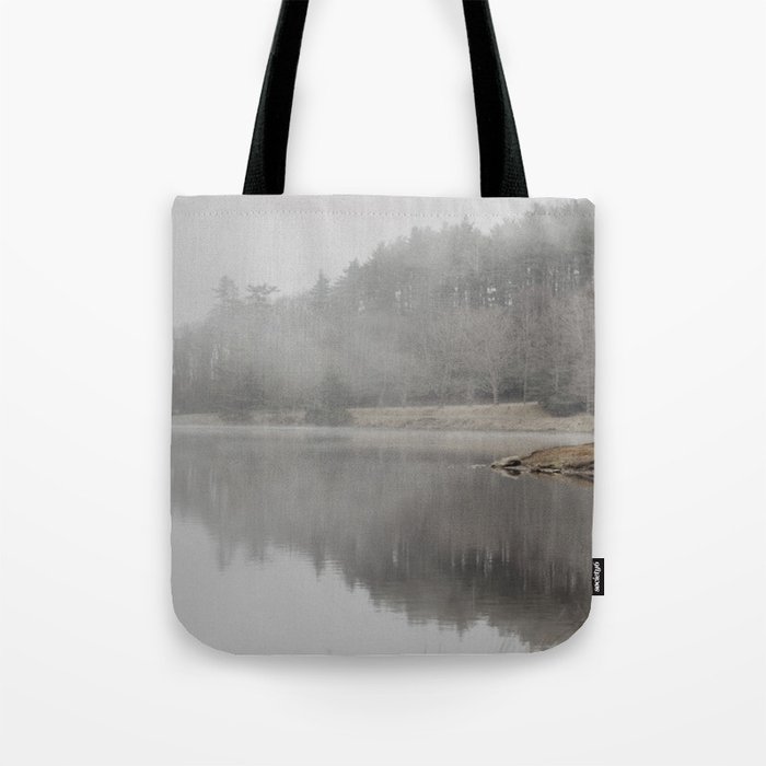 misty morning on the lake Tote Bag