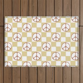 Peace Symbol On Checkerboard \\ Earthy Color Palette Outdoor Rug