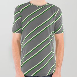 [ Thumbnail: Dim Gray, Beige & Dark Green Colored Pattern of Stripes All Over Graphic Tee ]