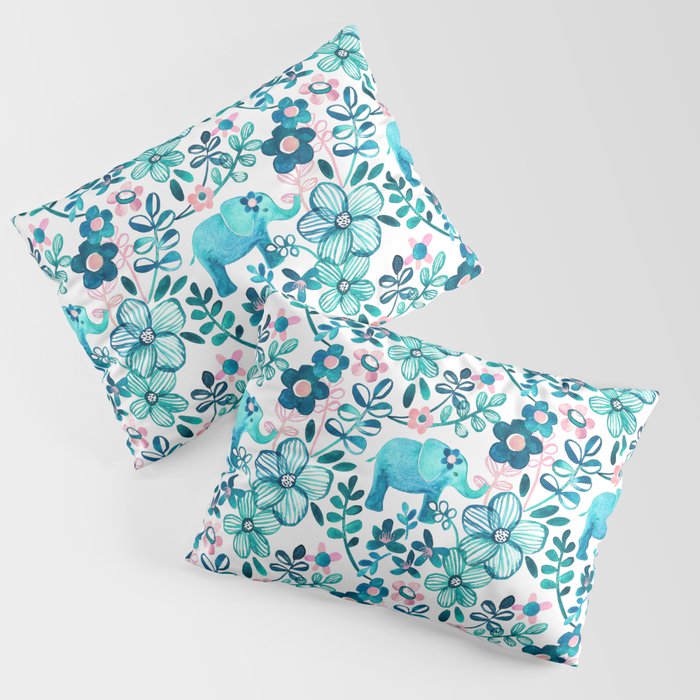 Dusty Pink, White and Teal Elephant and Floral Watercolor Pattern Pillow Sham