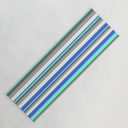 [ Thumbnail: Colorful Royal Blue, Aquamarine, Dim Grey, Dark Grey & Mint Cream Colored Lined/Striped Pattern Yoga Mat ]