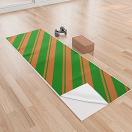 [ Thumbnail: Chocolate and Green Colored Lined/Striped Pattern Yoga Towel ]