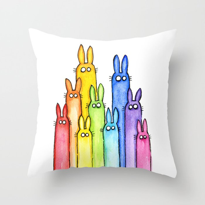 Rainbow of Bunny Rabbits Watercolor Throw Pillow