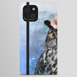 Painting of cute owl with flowers on his head (blue background) - nature iPhone Wallet Case