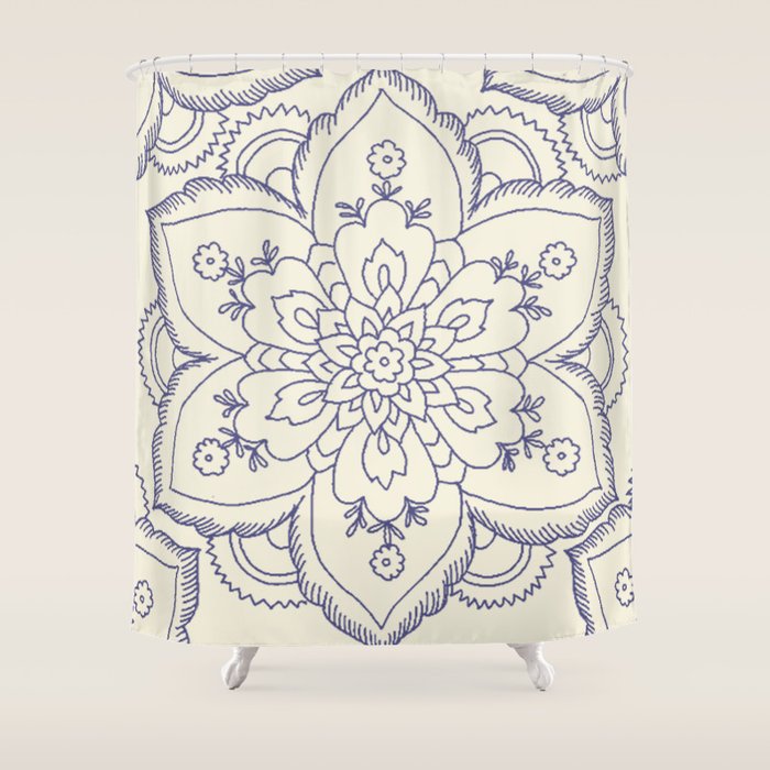 Vintage navy blue ivory elegant floral mandala Shower Curtain by Pink