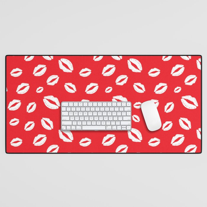 Lipstick kisses on red background. Digital Illustration background Desk Mat