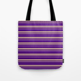 [ Thumbnail: Indigo & Tan Colored Pattern of Stripes Tote Bag ]