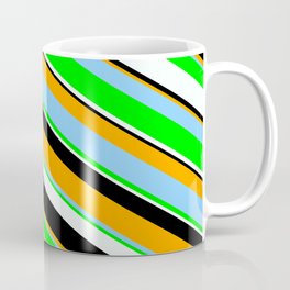 [ Thumbnail: Orange, Light Sky Blue, Lime, Mint Cream & Black Colored Pattern of Stripes Coffee Mug ]