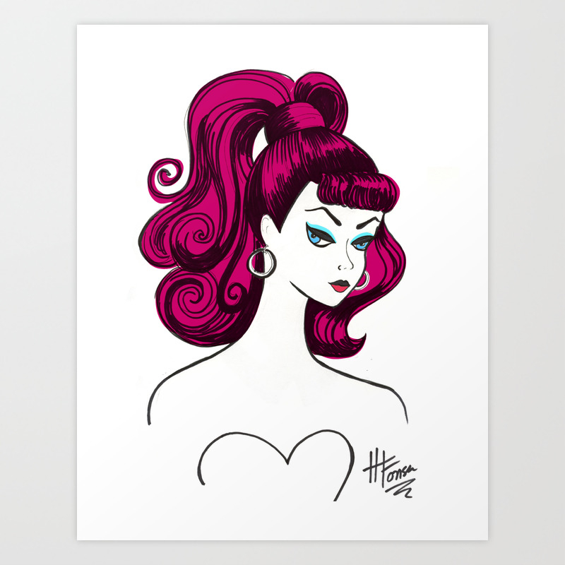 Vintage Fashion Doll Sketch With Pink Hair Art Print By Heatherfonseca Society6