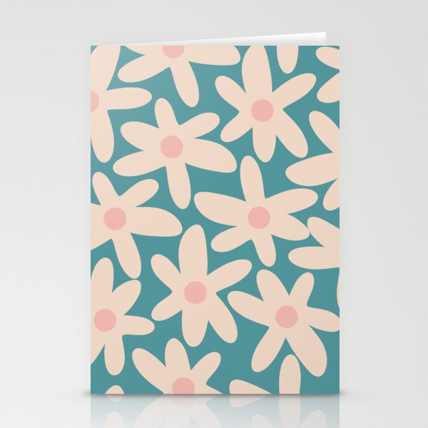 Daisy Time Retro Floral Pattern Teal Blue and Blush Pink Stationery Cards