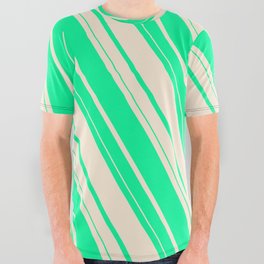[ Thumbnail: Green and Beige Colored Striped/Lined Pattern All Over Graphic Tee ]