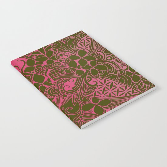 Olive square, pink floral doodle, zentangle inspired art Notebook