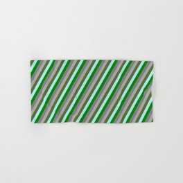 [ Thumbnail: Eye-catching Turquoise, Green, Grey, Dark Grey, and Dark Olive Green Colored Striped Pattern Hand & Bath Towel ]