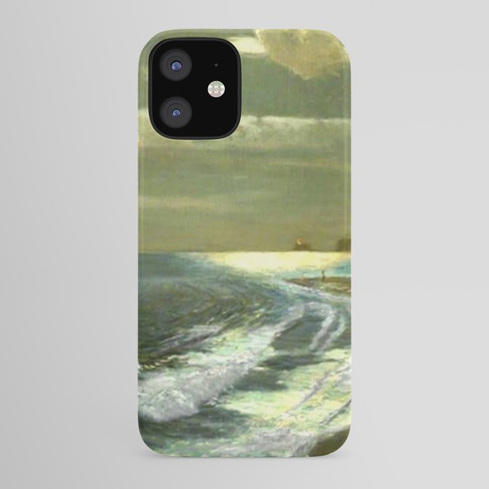 Moonlit Breaking Waves Along Dunes and Seashore with Lighthouse landscape painting by Julius Olsson iPhone Case