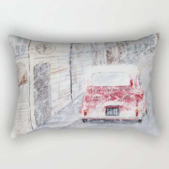 Snowfall and little red car Rectangular Pillow