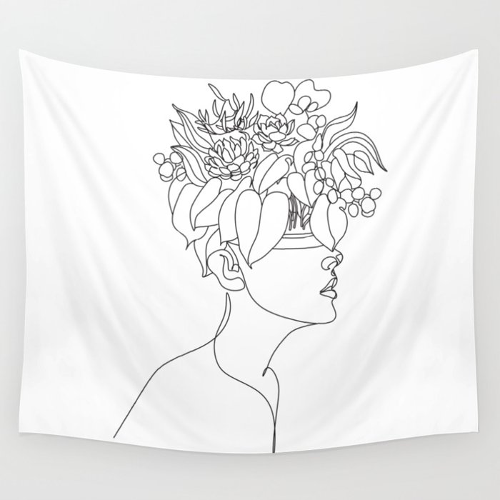 Abstract face with head flowers by one line drawing. Portrait minimalist style. Cosmetics nature symbol. Modern continuous line drawing. Fashion print. Beauty Living Room Art Canvas Print Wall Tapestry