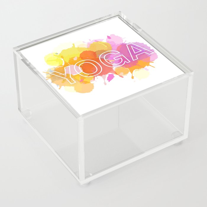 YOGA typography short quote in colorful watercolor paint splatter warm scheme Acrylic Box
