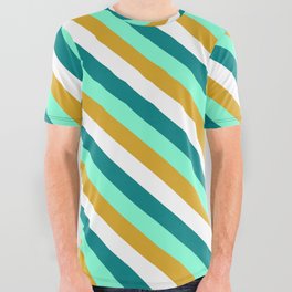 [ Thumbnail: Aquamarine, Goldenrod, White & Teal Colored Pattern of Stripes All Over Graphic Tee ]