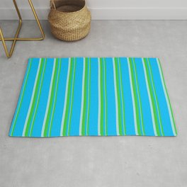 [ Thumbnail: Deep Sky Blue, Lime Green, and Powder Blue Colored Striped Pattern Rug ]